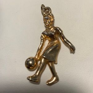 Vintage Woman Girl Bowling Ball Pendant 3D Gold Tone Charm